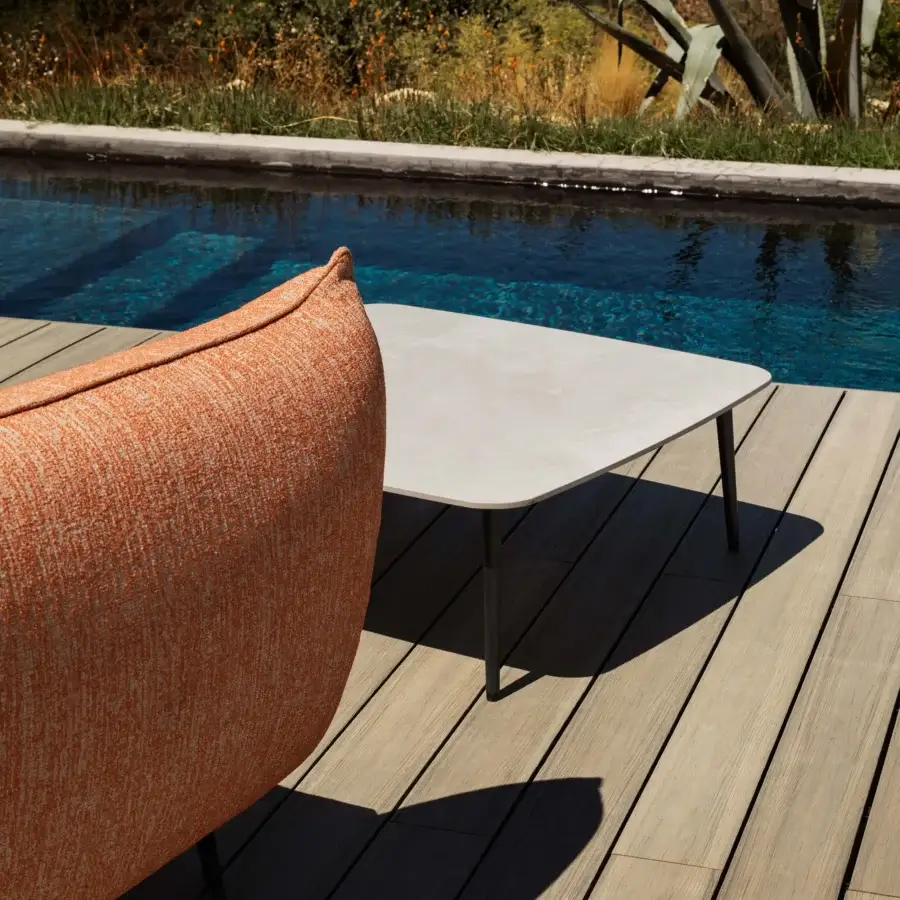 Exceptional MY YOUR Piuma coffee table built with light grey outdoor fabric upholstery and aluminum structure with highlighted stitching