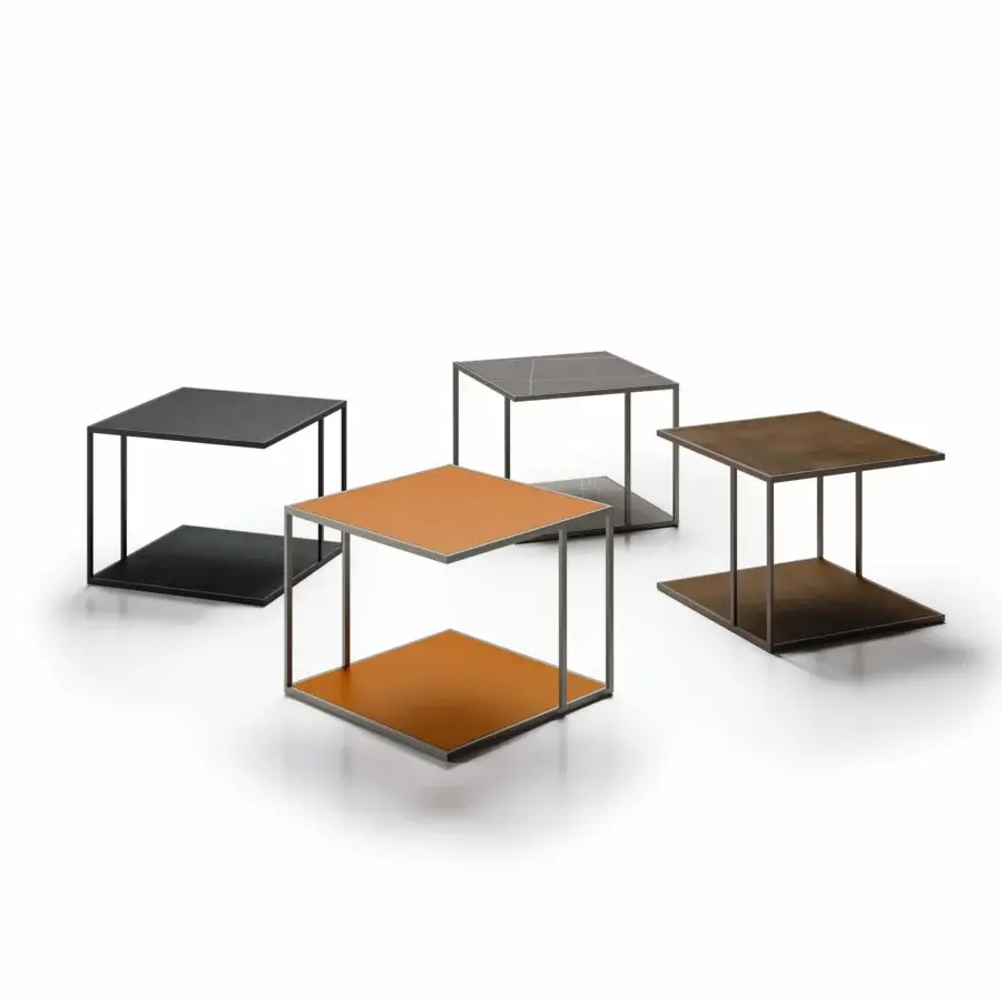 Distinctive Dallagnese Track side table with overlapping surfaces in orange wood and dark-toned metal frame