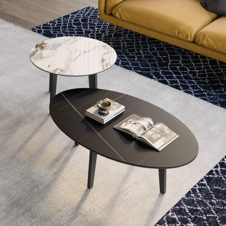 Elegant Dallagnese Zoe coffee table with a dark brown wood tabletop and satin finish grain supported by tapered wood legs