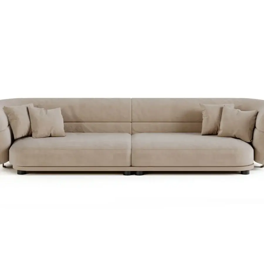 Exceptional Shake Vogue sofa with gently curved form upholstered in matte light beige textile and varnished steel legs