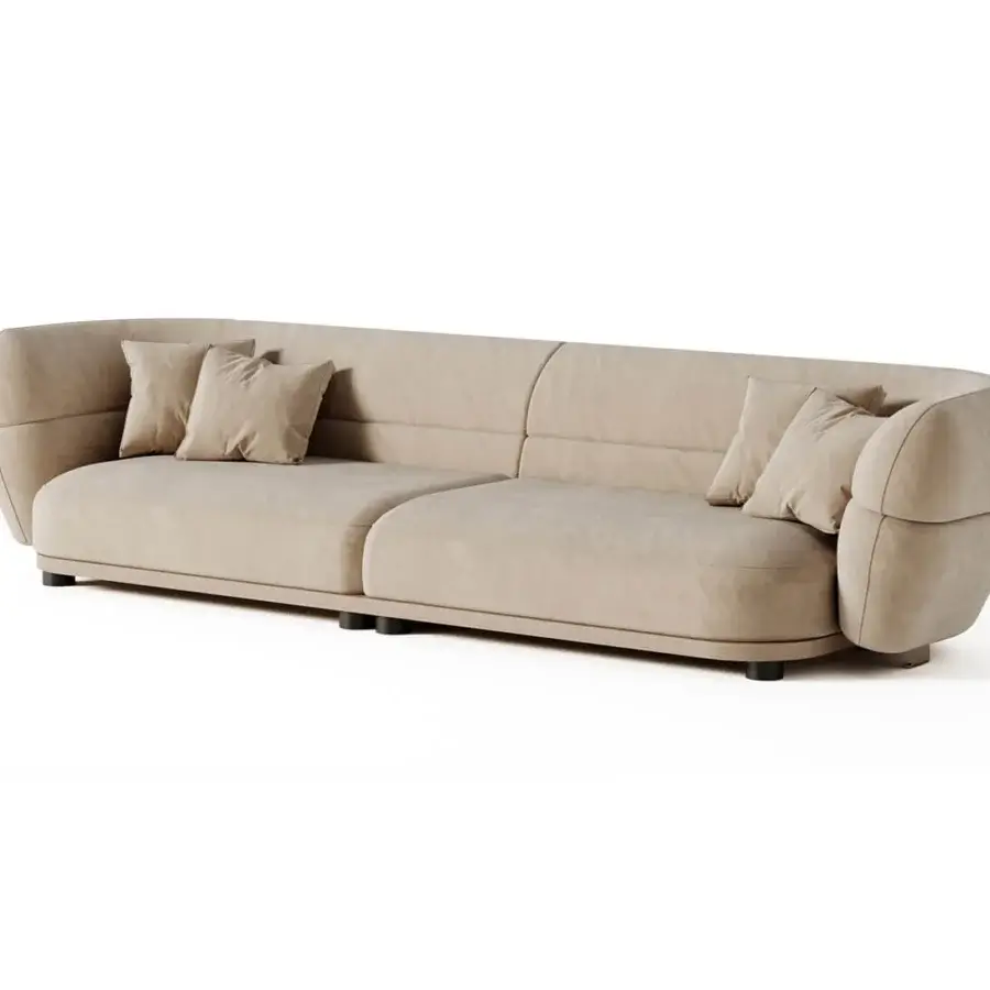 Superior Shake Vogue sofa with inviting curved form upholstered in matte neutral beige textile and solid wood frame