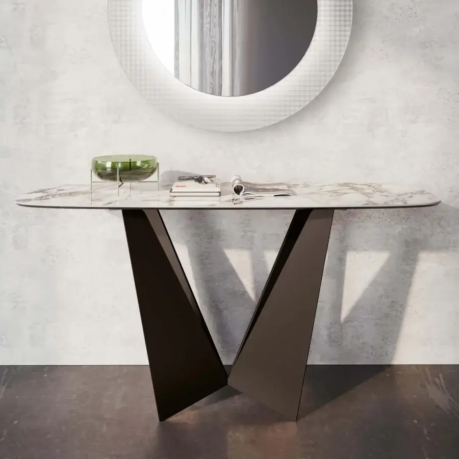 Distinguished Dallagnese Eiffel console with sculptural metal base and sophisticated stoneware top in light beige and deep brown tones