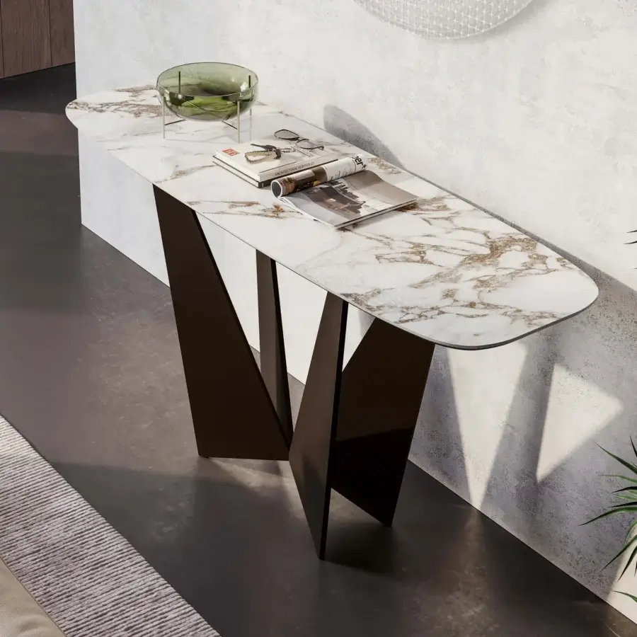 Superior Dallagnese Eiffel console with white marble tabletop exhibiting gold and brown veining and sculptural metal base