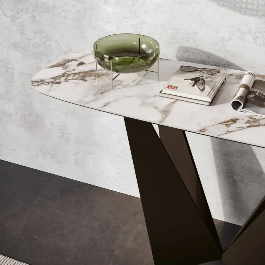 Elegant Dallagnese Eiffel console with white stoneware tabletop exhibiting gray and brown veining and glossy finish