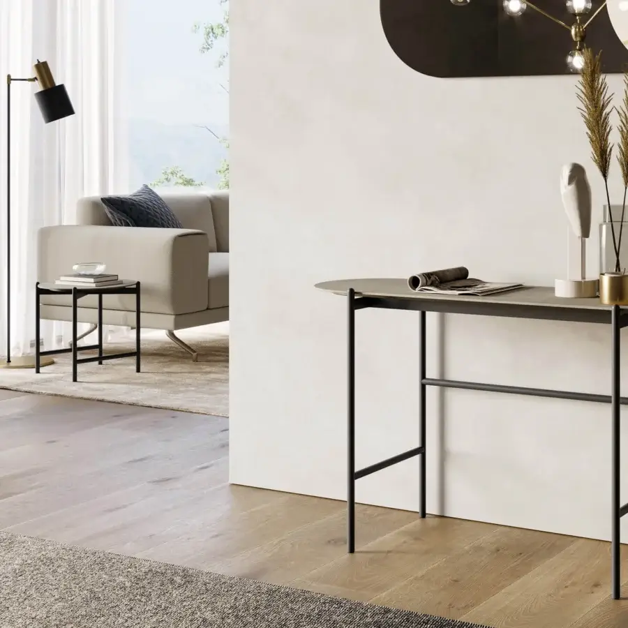 Superior Dallagnese Supernova console in dark gray-green stoneware with a refined black metal frame exhibiting balanced architectural form