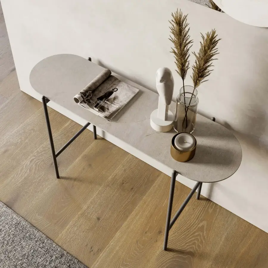 Refined Dallagnese Supernova console in light grey stoneware with sleek black metal rod support and matte finish