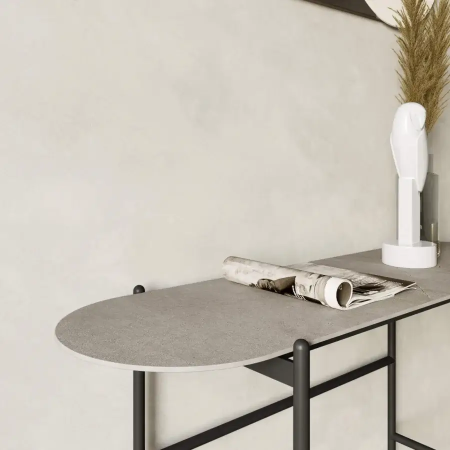 Distinguished Dallagnese Supernova console in neutral grey stoneware with matte black lacquered metal frame