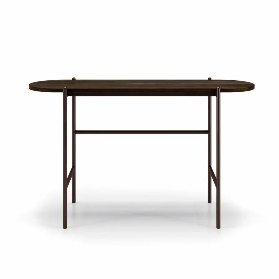 Elegant Dallagnese Supernova console with curved stoneware top and muted brown matte metal rod support in satin finish