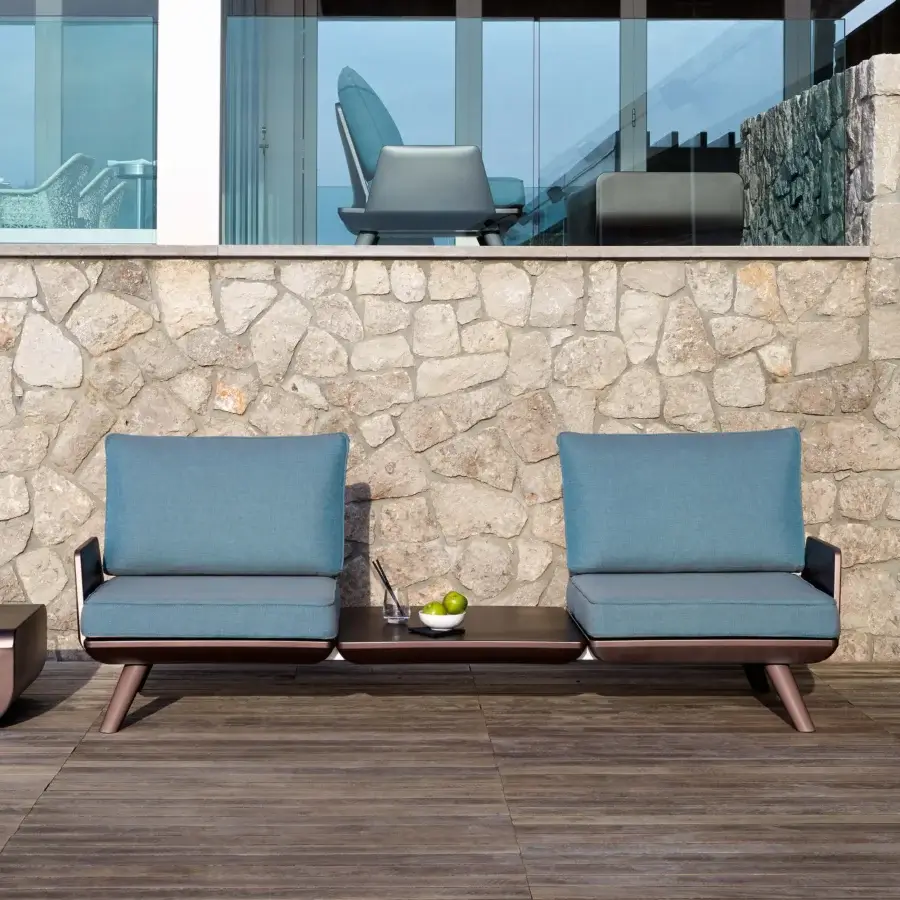 Distinguished MY YOUR Samurai sofa with muted blue water-repellent fabrics and a dark satin-finished wood frame