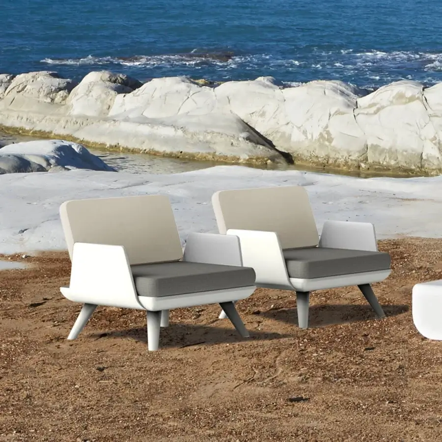Exceptional MY YOUR Samurai lounge chair with a low geometric white frame and comfortable beige gray cushions crafted with recyclable Poleasy® modules
