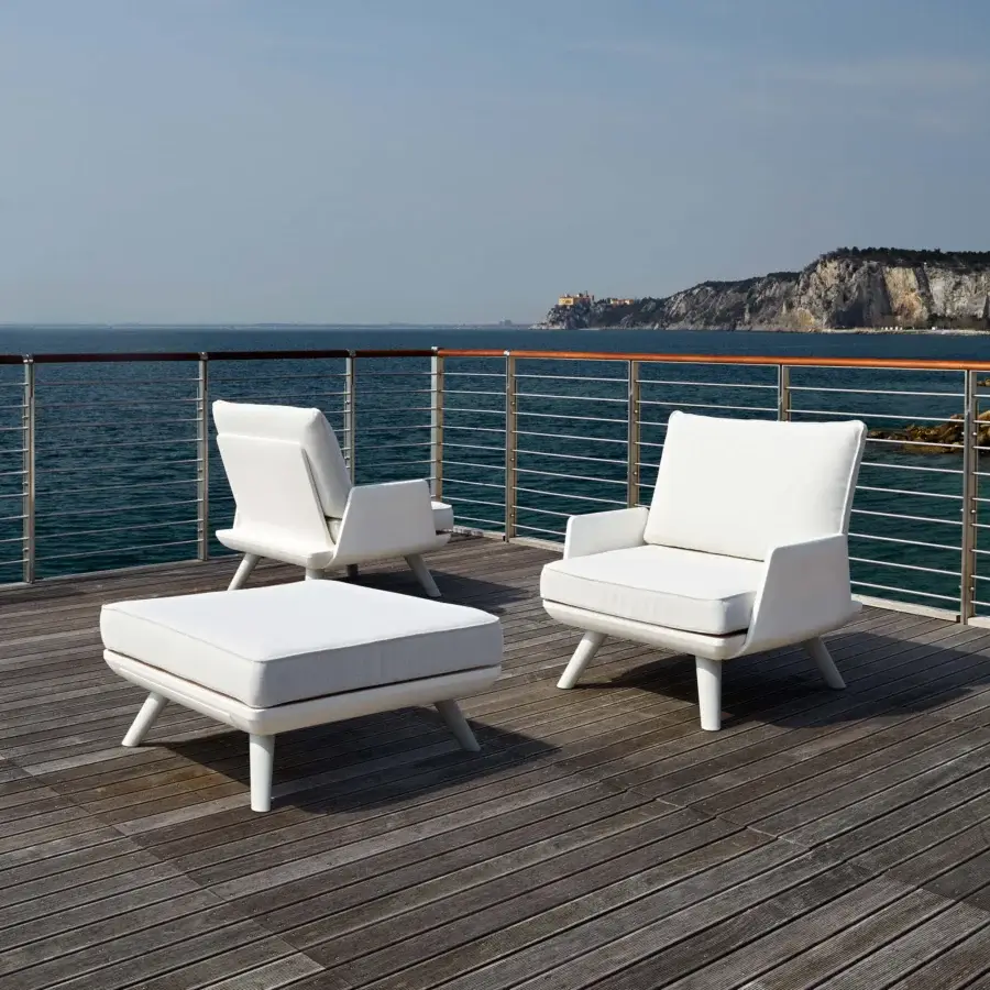 Distinguished MY YOUR Samurai lounge chair with a satin-sheen wooden frame and water-repellent outdoor fabrics in matte white