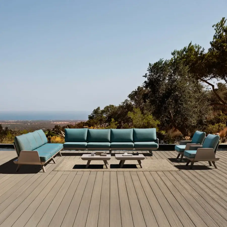 Superior MY YOUR Samurai lounge chair crafted with a water-repellent teal-blue textile and satin-finish metal frame