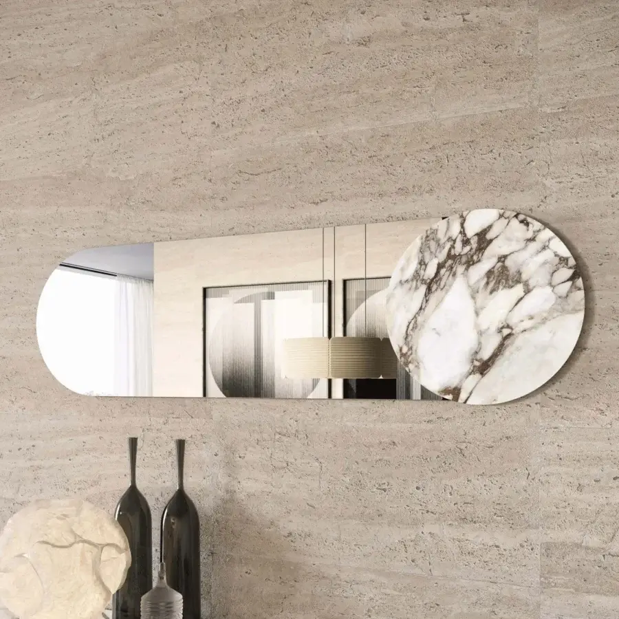 Distinguished Dallagnese Juno mirror with an oval shape and circular stoneware insert in white and warm brown tones, boasting a polished glass surface