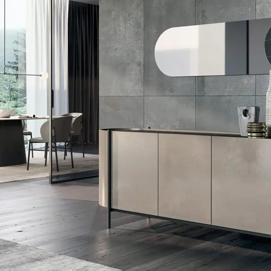Elegant Dallagnese Juno mirror with a neutral gray wood frame and clear glass surface, exhibiting a smooth matte finish