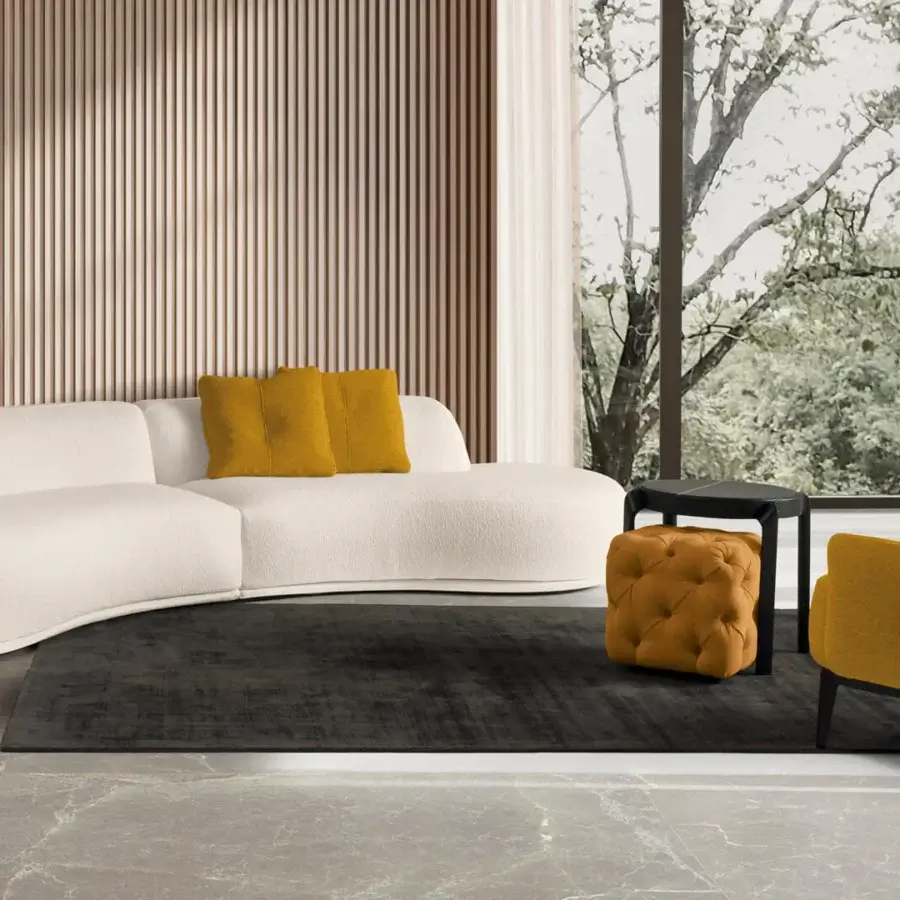 Distinguished CTS Salotti Bagutta sectional with textured off-white bouclé fabric upholstery and mustard-yellow cushions built in Italy