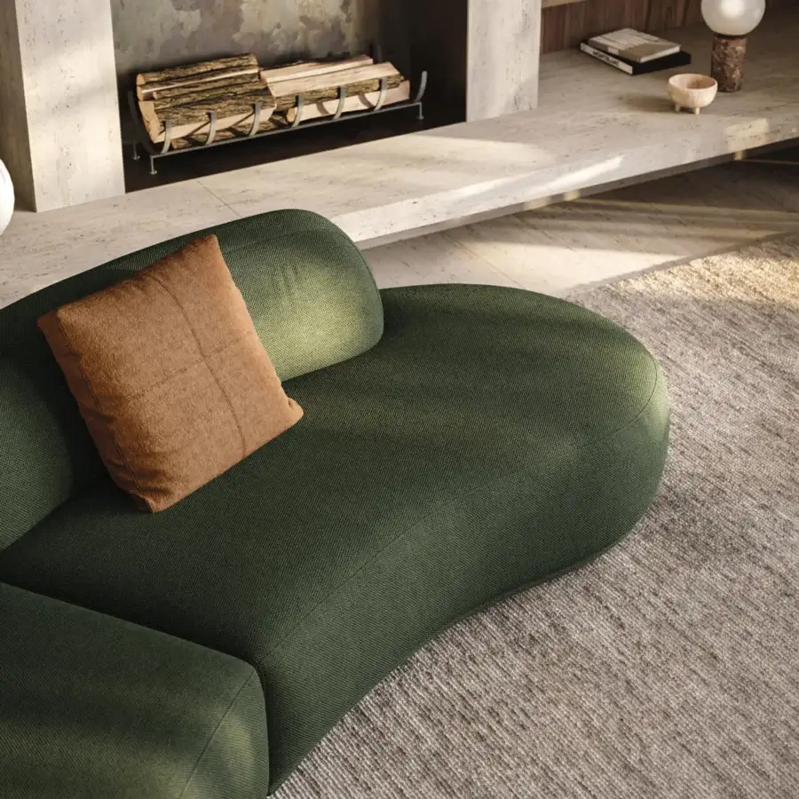 Distinguished CTS Salotti Bagutta sectional with organically curved form, textured deep green fabric and earthy brown accent pillow