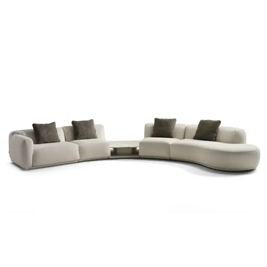 Superior CTS Salotti Bagutta sectional with organically curved form, light beige textile and olive-brown cushions built with solid fir wood