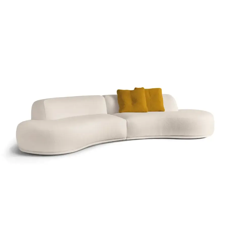 Lavish CTS Salotti Bagutta sectional with enveloping curves, textured off-white textile and mustard yellow cushions built with a solid fir wood frame