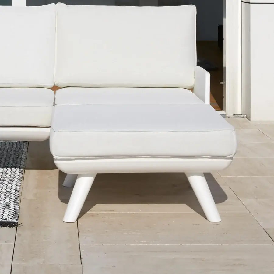 Superior MY YOUR Samurai ottoman in light beige water-repellent fabric with white legs and recyclable Poleasy® base