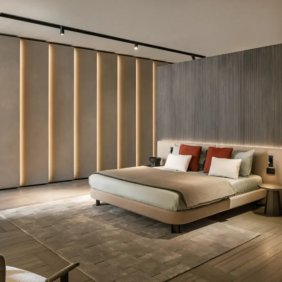 Exclusive Shake Line bed with vertical ribbed textile upholstery and muted gray-brown matte wood construction crafted in Italy