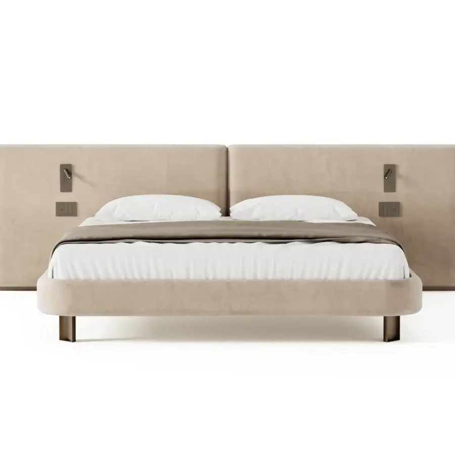 Distinguished Shake Line bed with solid blockboard wood headboard and muted beige matte fabric upholstery with varnished steel legs
