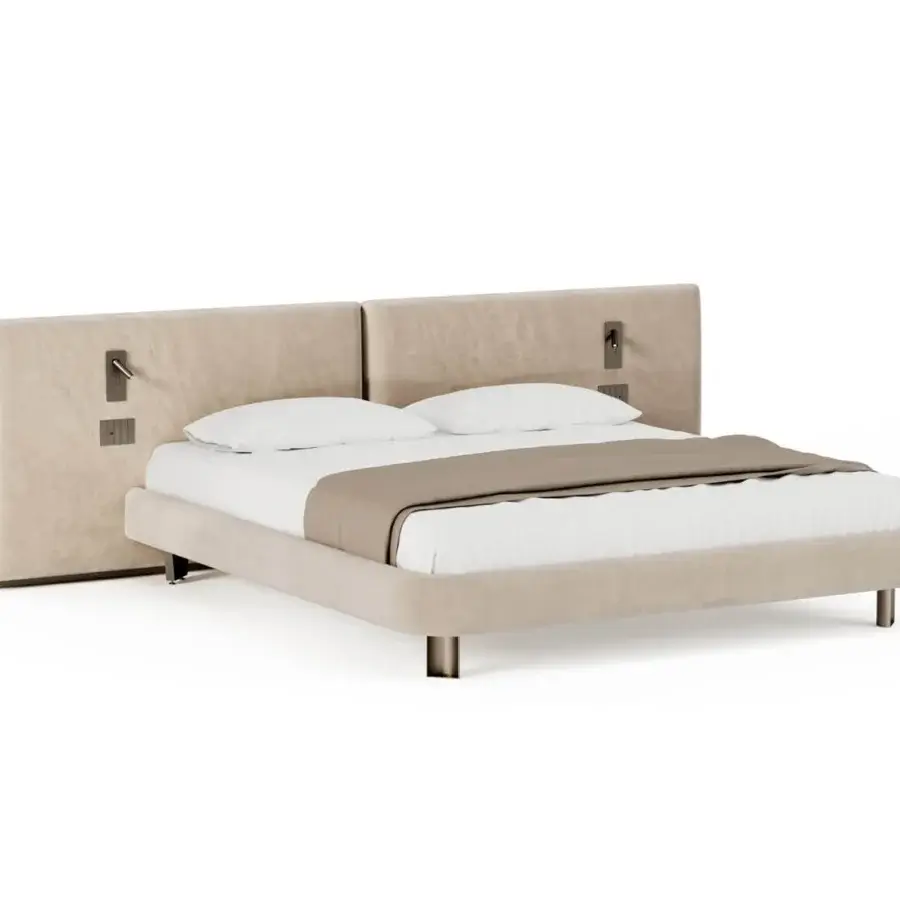 Superior Shake Line bed with fully upholstered neutral beige fabric and slim varnished steel legs crafted in Italy