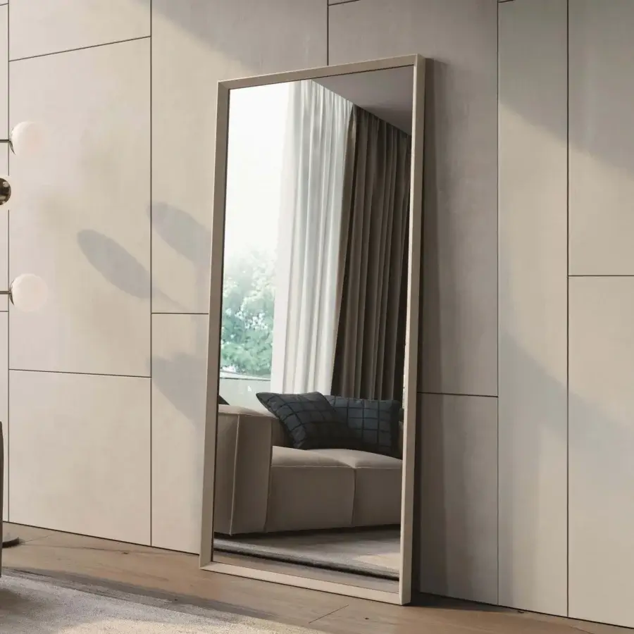 Distinctive Dallagnese Slash Mirror with a slender wooden frame and matte light neutral finish creating angled depth