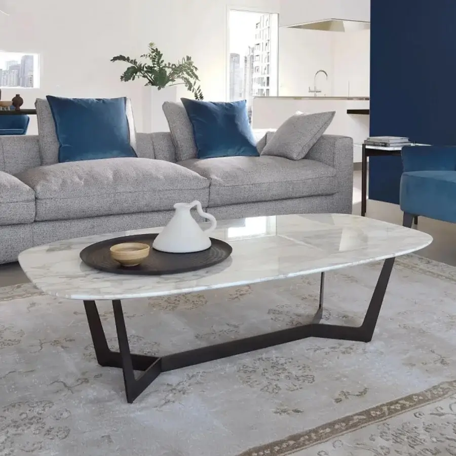 Distinguished CTS Salotti Charme coffee table with polished marble top and matte painted metal base