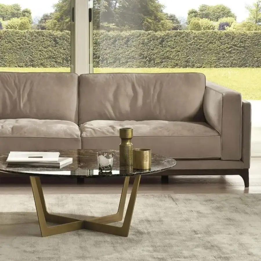 Superior CTS Salotti Charme coffee table with dark marble-effect glass top and radiant golden painted metal base with satin sheen