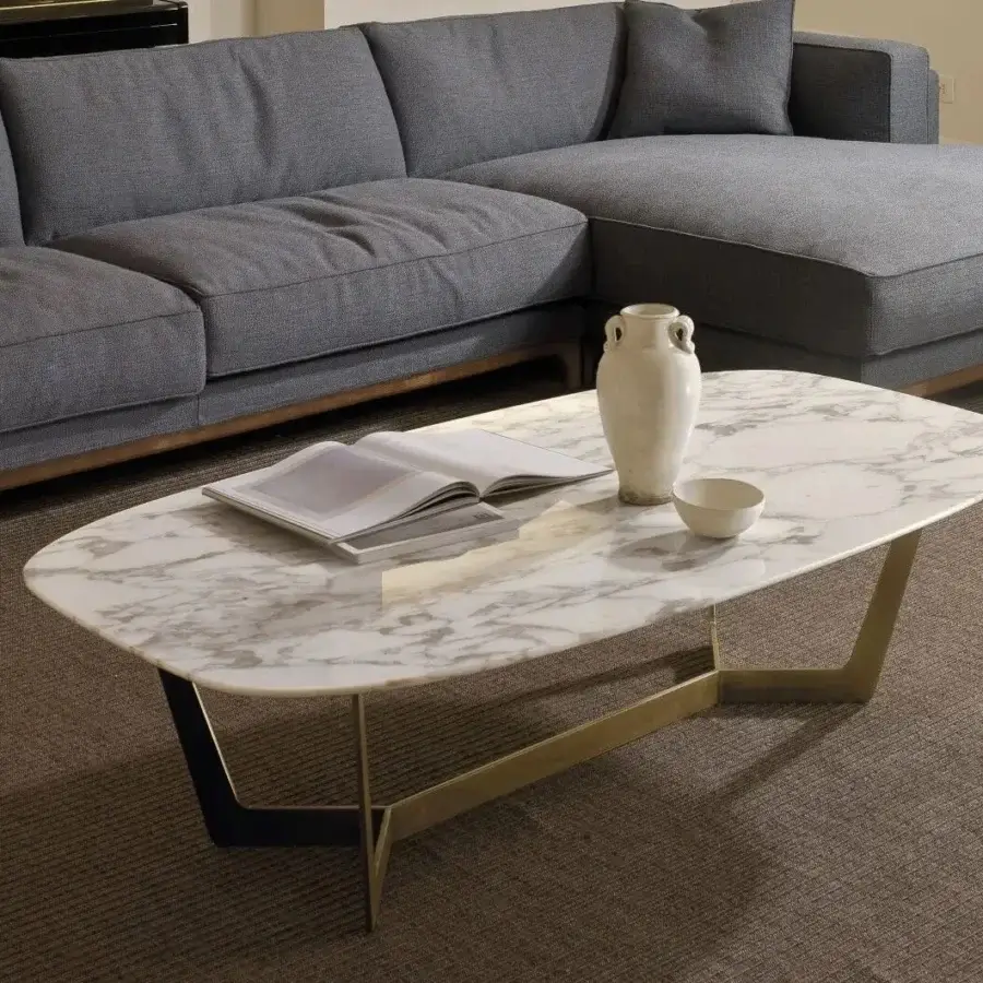 Distinguished CTS Salotti Charme coffee table with polished white marble top and two-tone brass with dark metal sculpted base