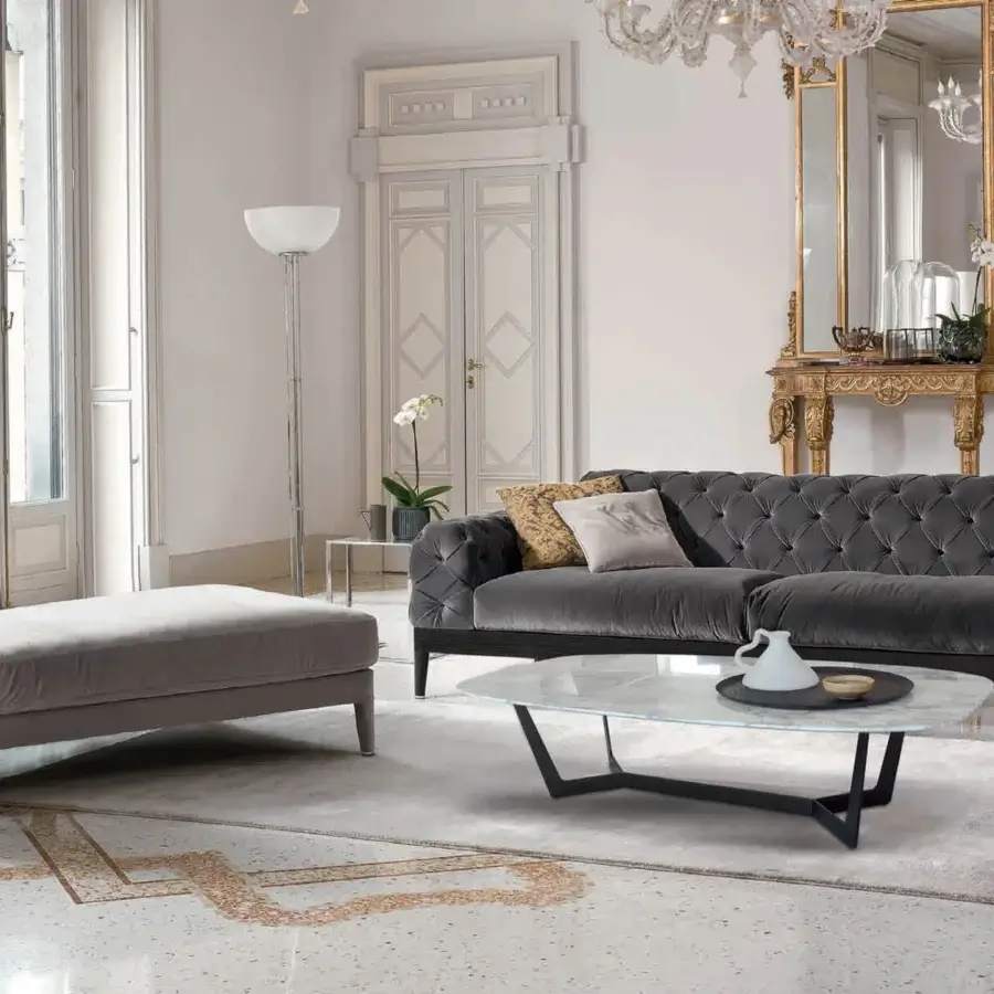 Elegant CTS Salotti Charme coffee table with transparent marble top and dark gray matte painted metal X-shape base