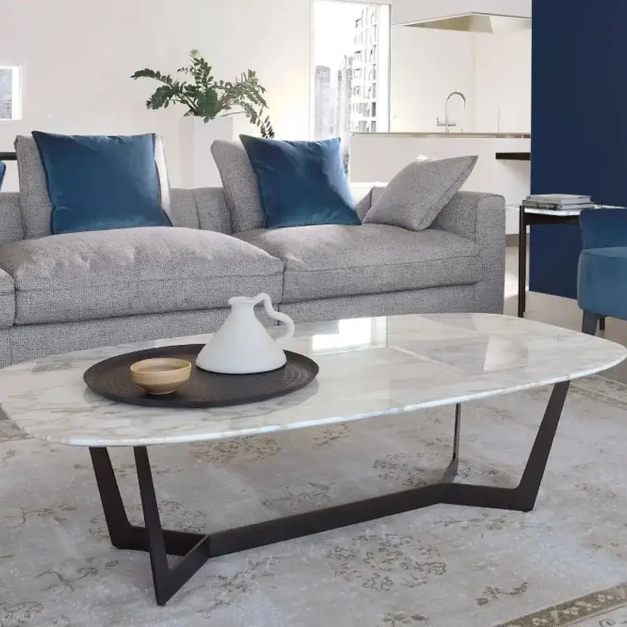 Exceptional CTS Salotti Charme coffee table with glossy marble top and matte black painted metal structure