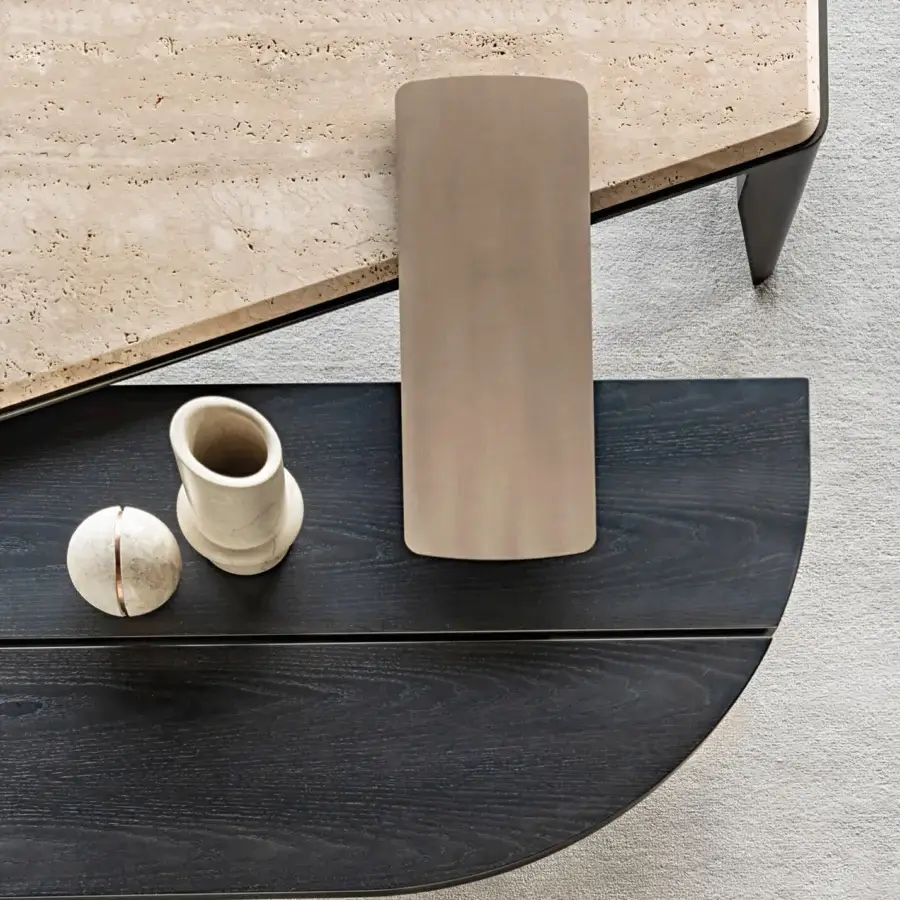 Exceptional Shake Park side table crafted in varnished steel with warm beige and deep brown-black layered tiers