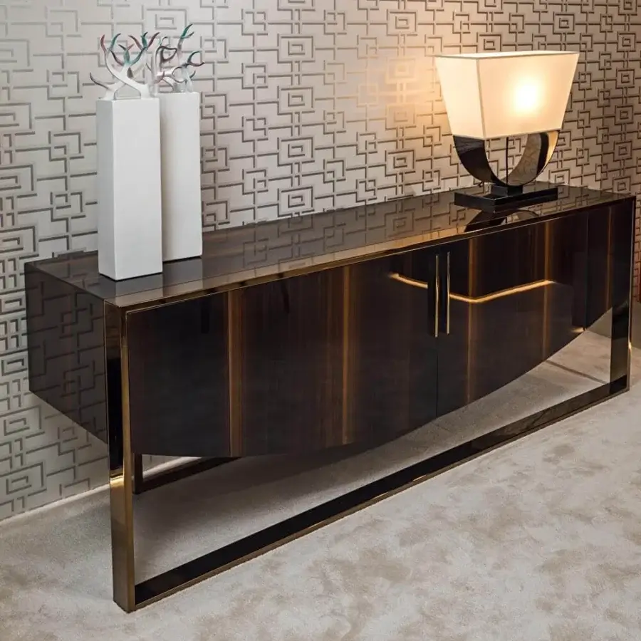 Lavish Costantini Pietro Eclipse sideboard with curved form and dark gloss Castagno Toscano beech wood built with a gold-finished metal base