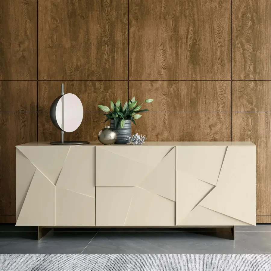 Distinguished Dallagnese Concrete sideboard with faceted doors and pale beige matte finish offers sculpted storage