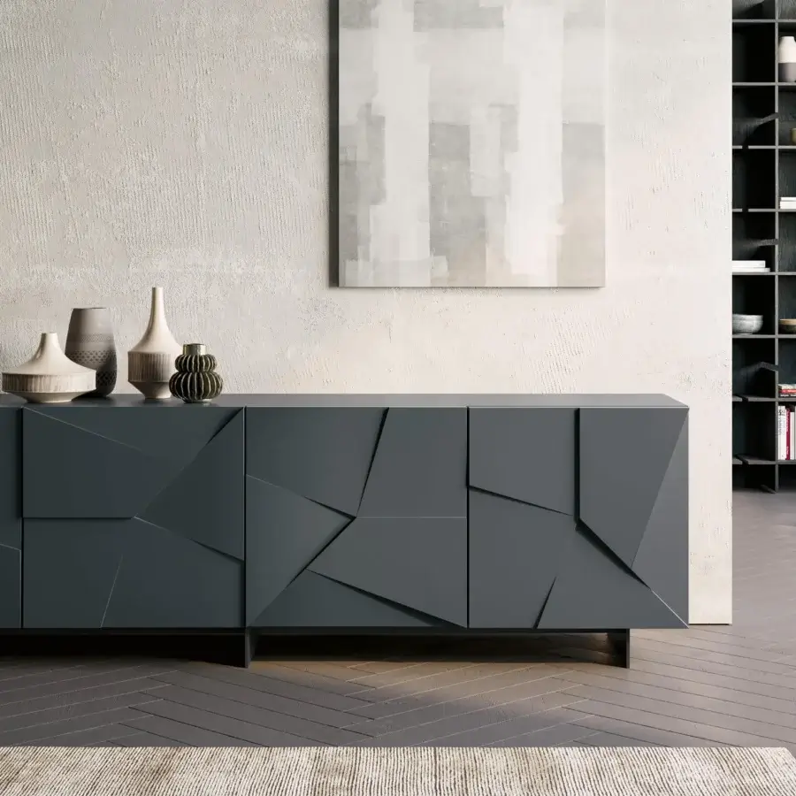 Exceptional Dallagnese Concrete sideboard crafted in wood-based material with a matte textured finish and polygonal charcoal gray facade