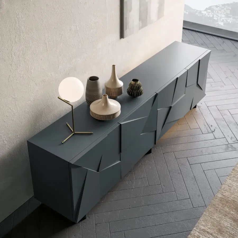 Distinguished Dallagnese Concrete sideboard crafted in molded composite with a matte gray-green finish and geometric planes