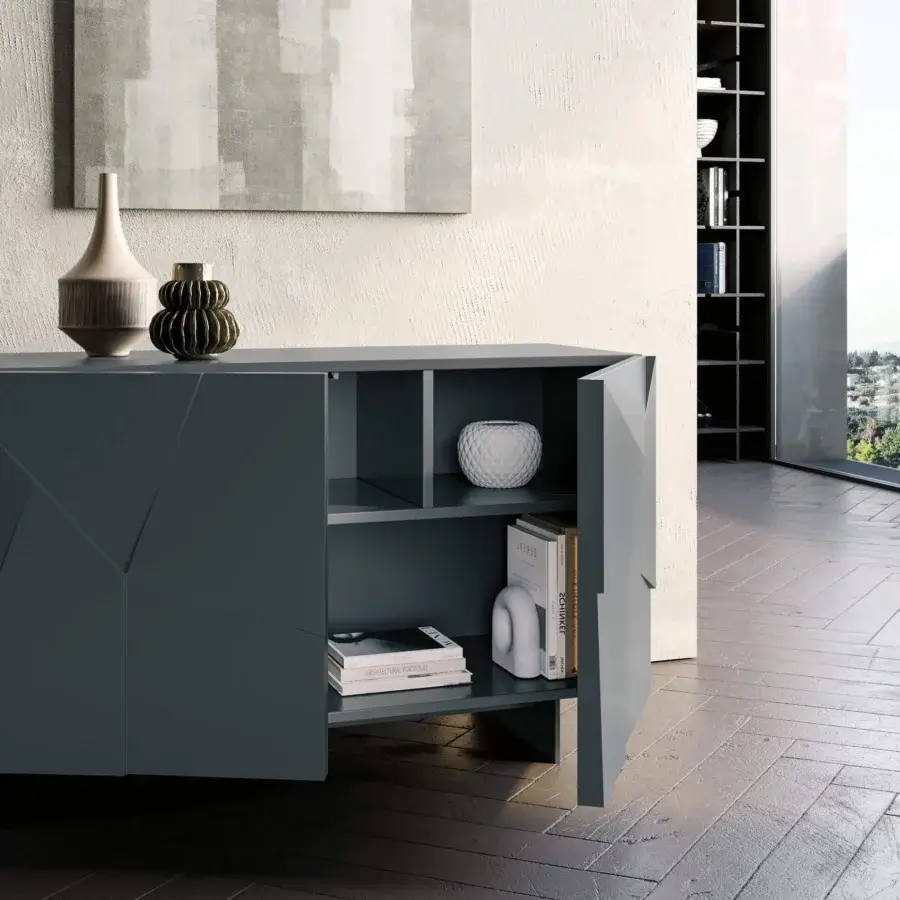 Distinguished Dallagnese Concrete sideboard crafted in matte dark gray with angular form and faceted doors