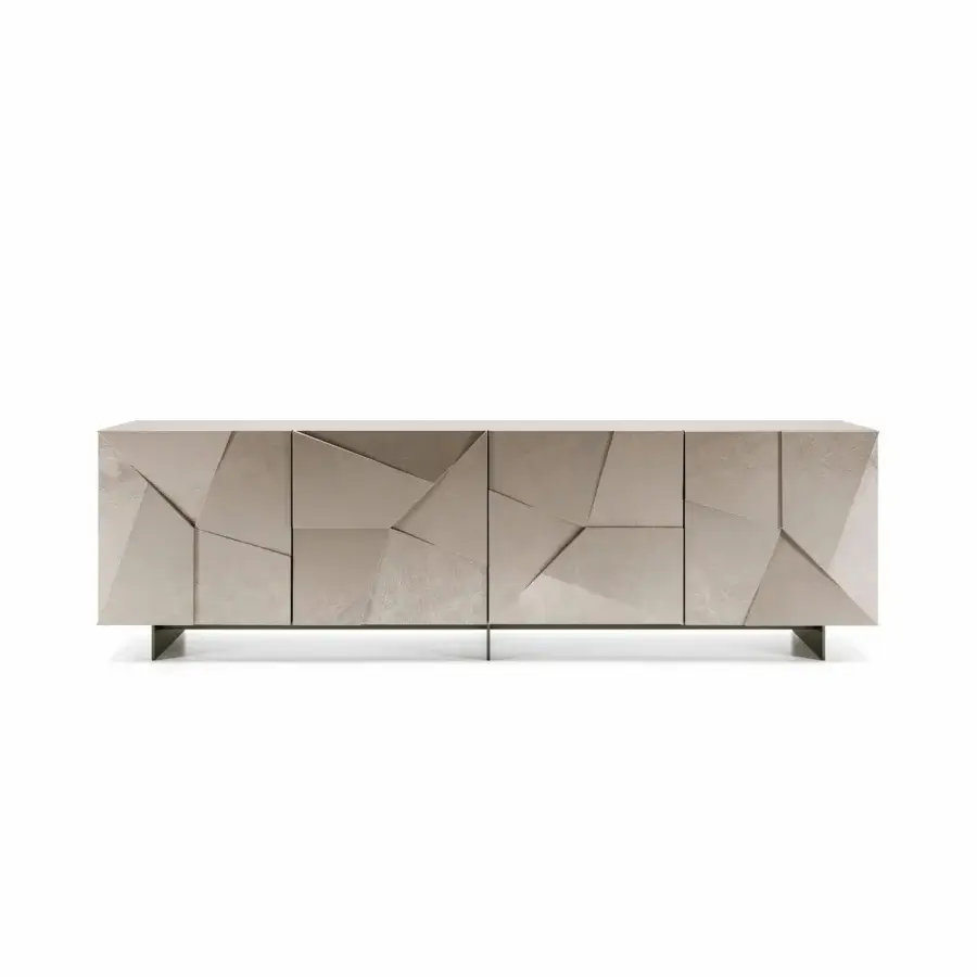 Exceptional Dallagnese Concrete sideboard built in neutral beige-grey with pantographed faceted doors and a dark metal base