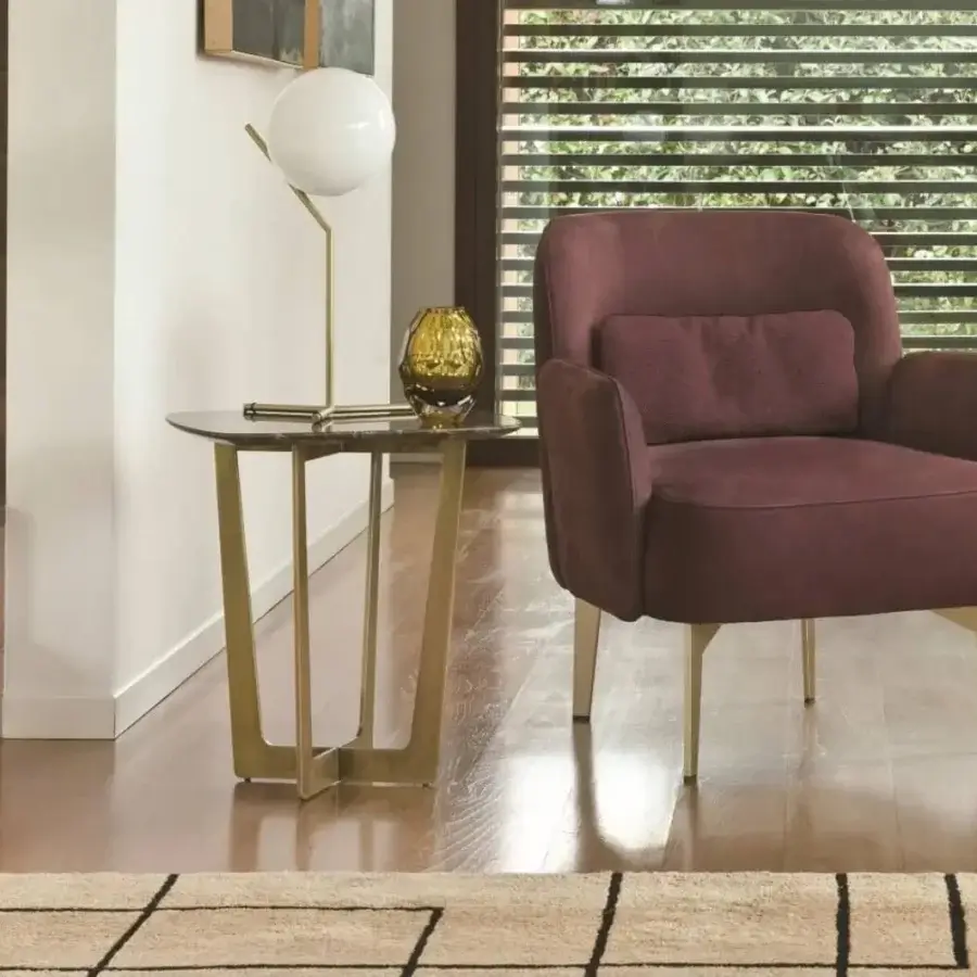 Elegant CTS Salotti Charme side table with golden metal structure and dark-toned glass top crafted in a contemporary form