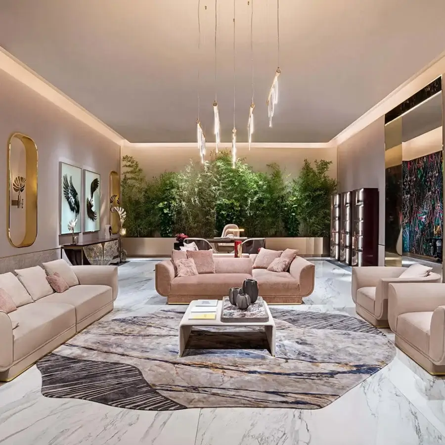 Distinguished Visionnaire Foster sofa with blush textile upholstery, subtle canneté quilting and a metal-clad platform base