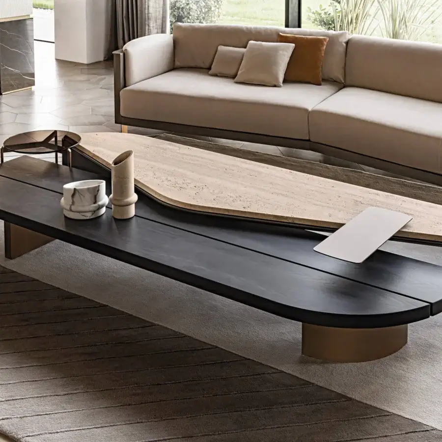 Harmonious Shake Lily coffee table crafted with varnished steel and tempered glass, showcasing beige and light tan stone-like grain patterns