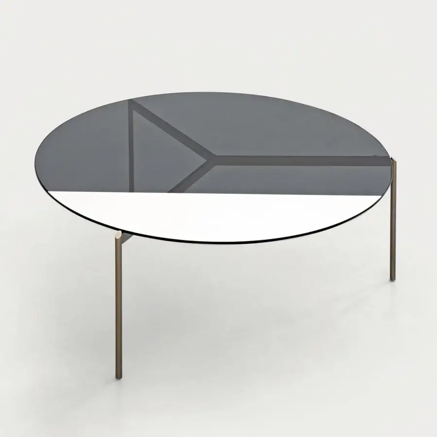 Distinguished Shake Lily coffee table with a varnished steel base and geometric tempered glass top in dark gray and white lacquer