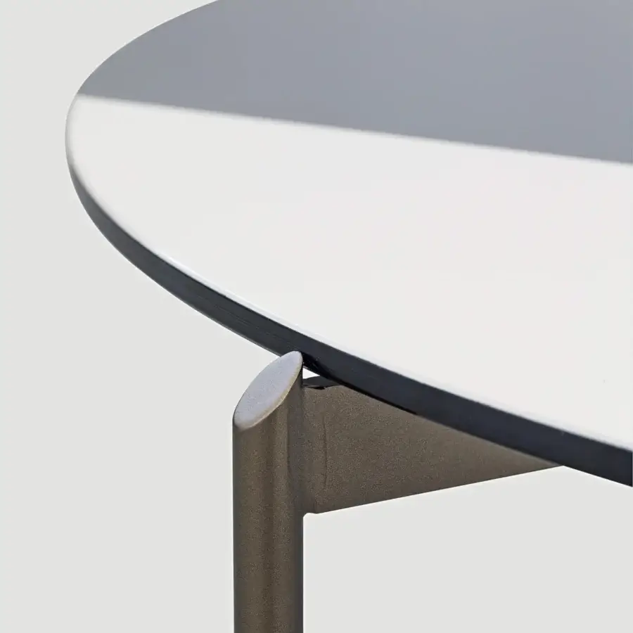 Elegant Shake Lily coffee table crafted with varnished steel and tempered glass, showcasing a white matte surface with a dark gray lacquered band