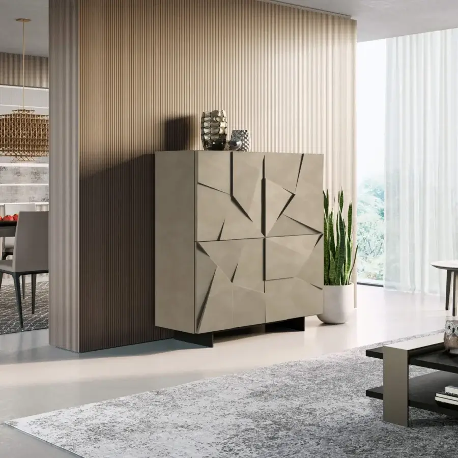Superior Dallagnese Concrete Cupboard crafted in neutral beige-grey tones with a refined matte finish and faceted doors