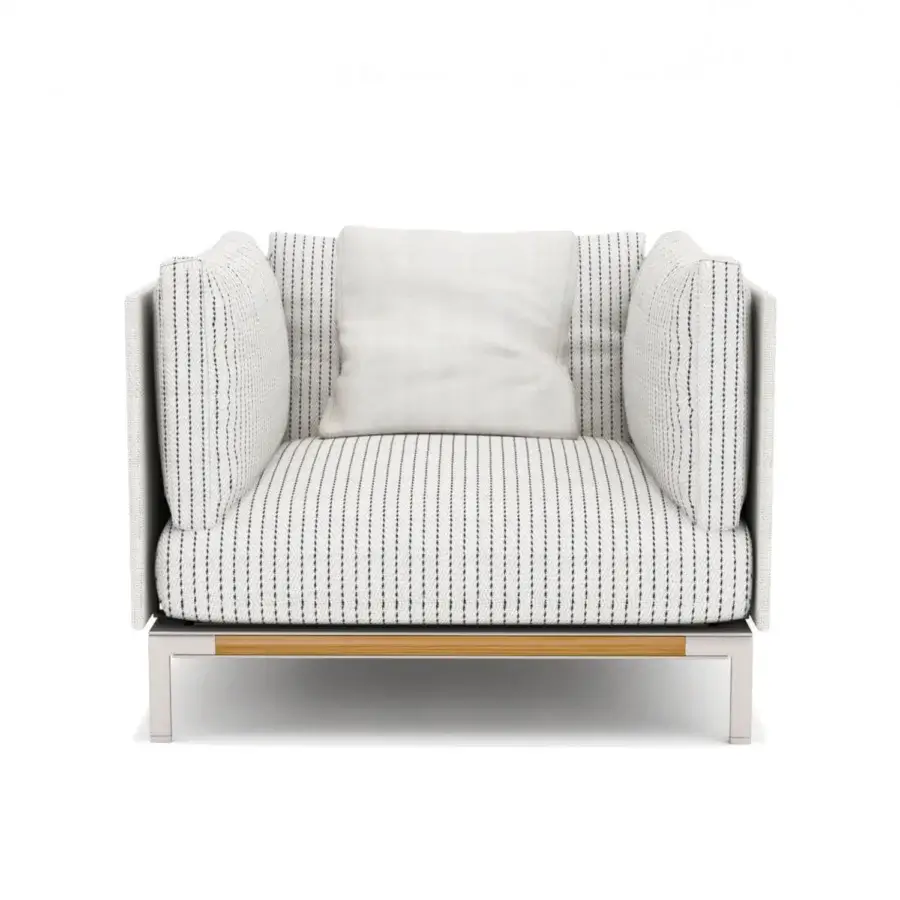 Superior Ethimo Baia lounge chair upholstered in striped fabric with a satin-finish metallic and light-colored wood frame