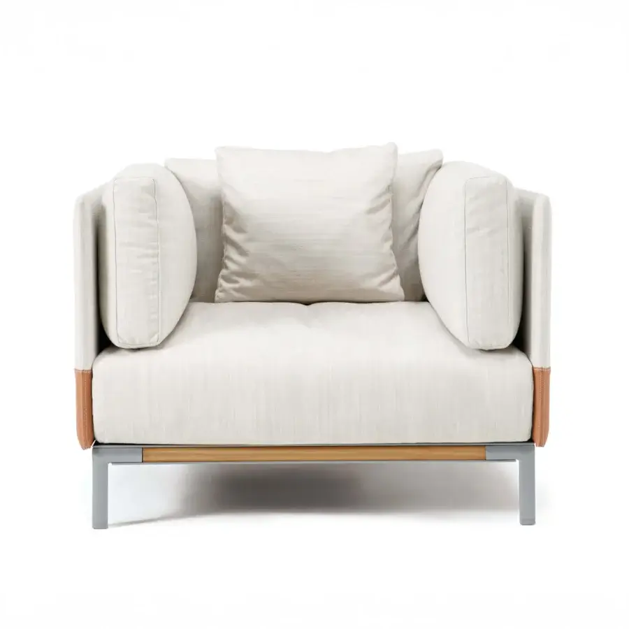 Distinguished Ethimo Baia lounge chair crafted with a metal base and wood border in light beige performance textiles with a matte finish