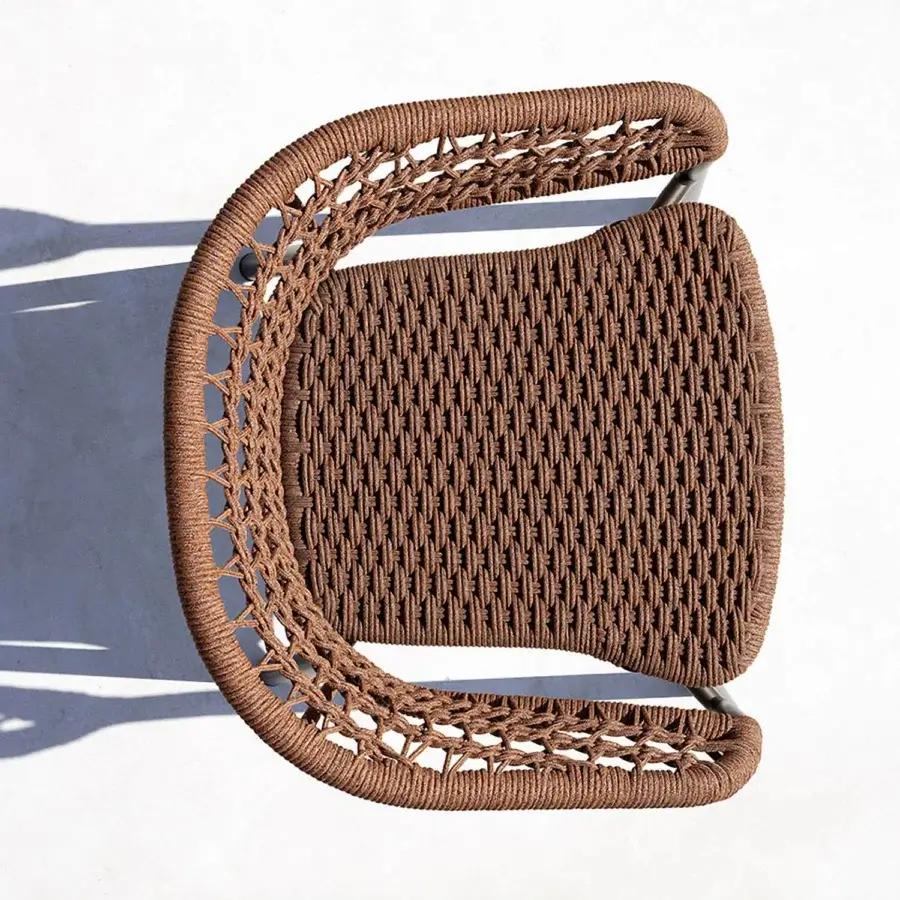 Exceptional Varaschin Plinto dining armchair crafted in powder-coated aluminum with woven medium brown synthetic fiber