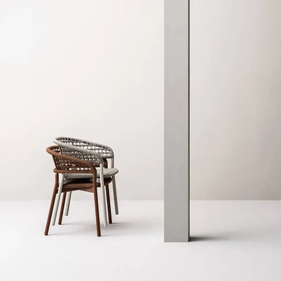Refined Varaschin Plinto dining armchair crafted with powder-coated aluminum and woven rope in neutral brown and gray tones