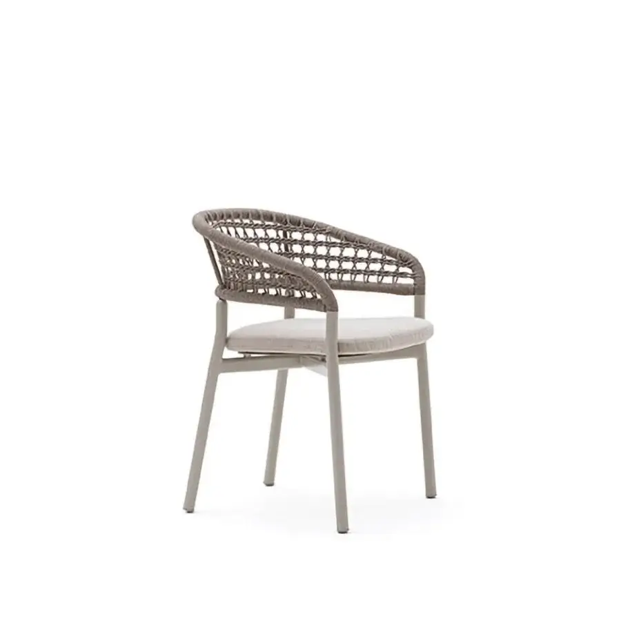 Sophisticated Varaschin Plinto dining armchair with a woven rope seat and powder-coated aluminum frame
